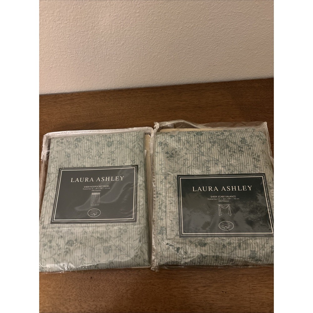 Vintage Laura Ashley Green Cottage Rose Vine Sheer Valance & Pocket Panel New